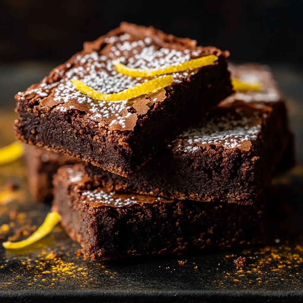 A beautifully styled stack of Love and Lemons Brownies, garnished with powdered sugar and lemon slices, displayed on a modern dessert table.