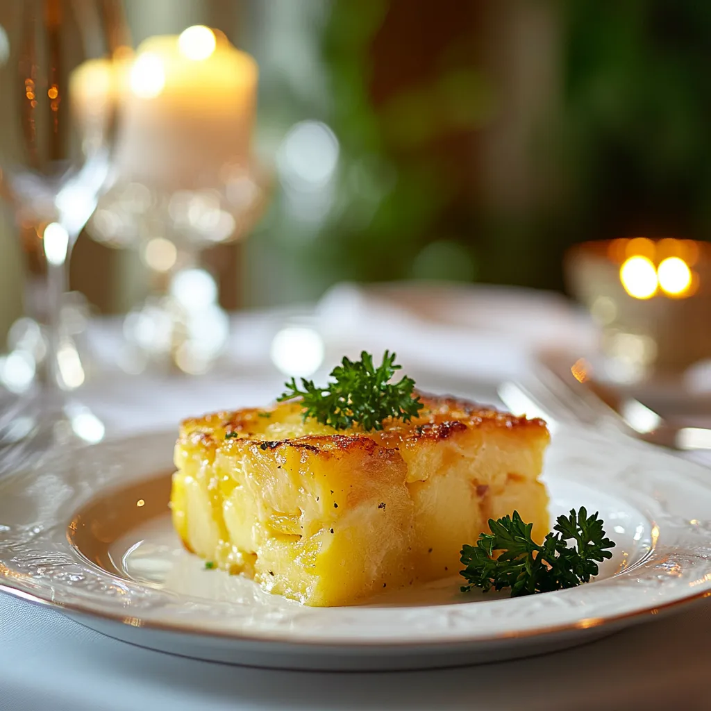 A serving of pineapple casserole plated elegantly on a white dish, garnished with parsley for a gourmet touch.