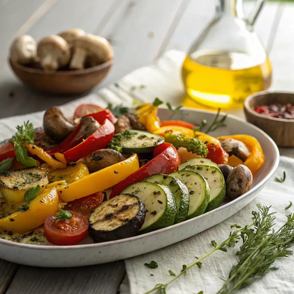 A colorful platter of smoked vegetables, including bell peppers, zucchini, and mushrooms, garnished with fresh herbs.