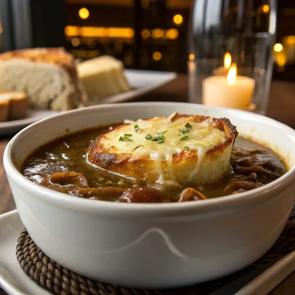 Close-up of French onion soup topped with a cheesy, golden-brown crouton, served in a white bowl.