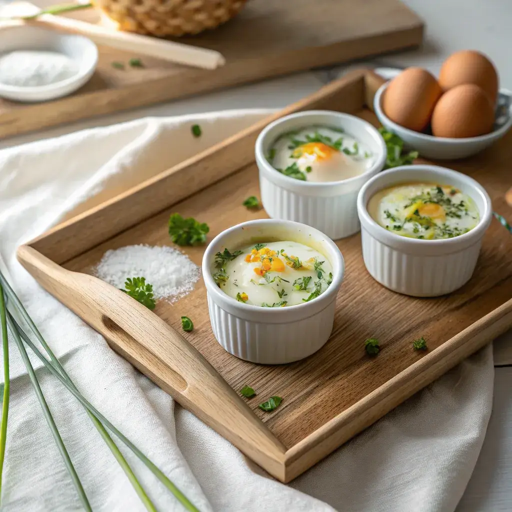 Sous vide eggs served in ramekins, garnished with chives and sea salt, set on a wooden breakfast tray with soft morning light.