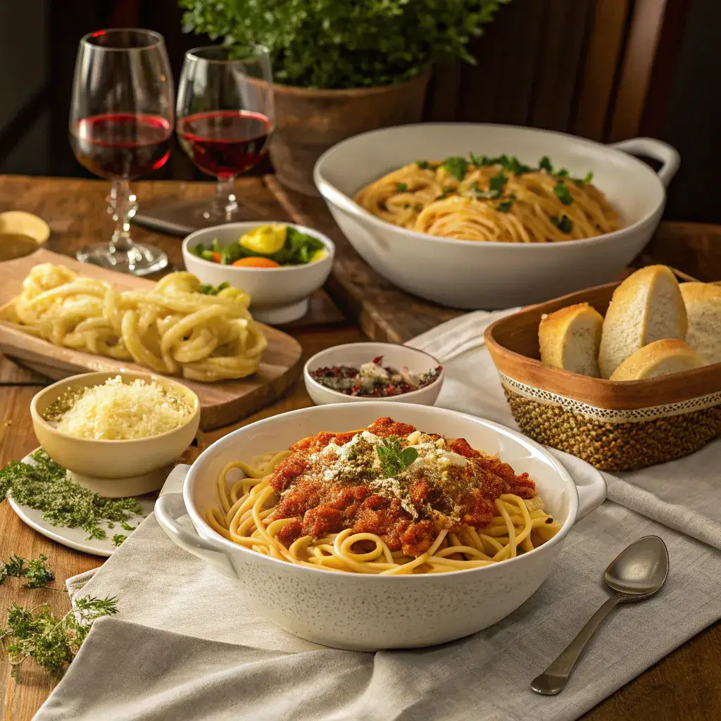 Featured Barilla pasta spread with spaghetti, penne, fettuccine, cheese, herbs, and olive oil on a dining table.