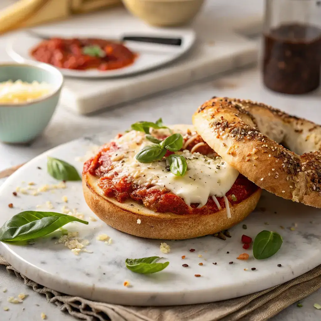 A Better Bagel pizza topped with marinara sauce, melted mozzarella, and fresh basil on a marble plate under evening light.