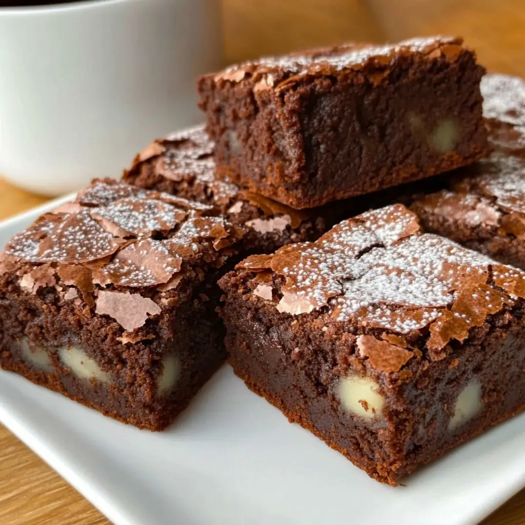 Stack of fudgy Ghirardelli brownies with melted chocolate drizzle and scattered chocolate chips.