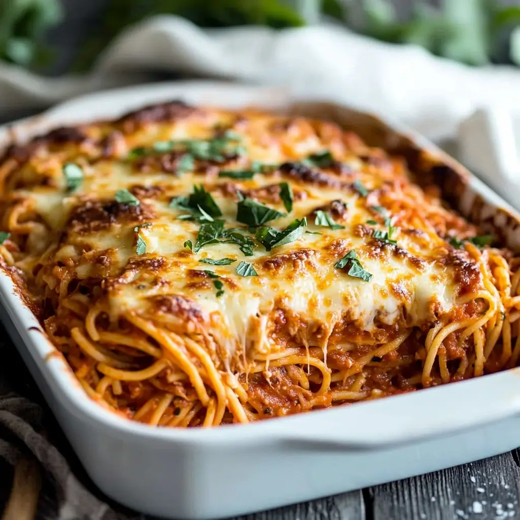 A styled image of spaghetti casserole on a dinner table, with a slice served on a white plate, surrounded by fresh bread, a side salad, and a glass of red wine.