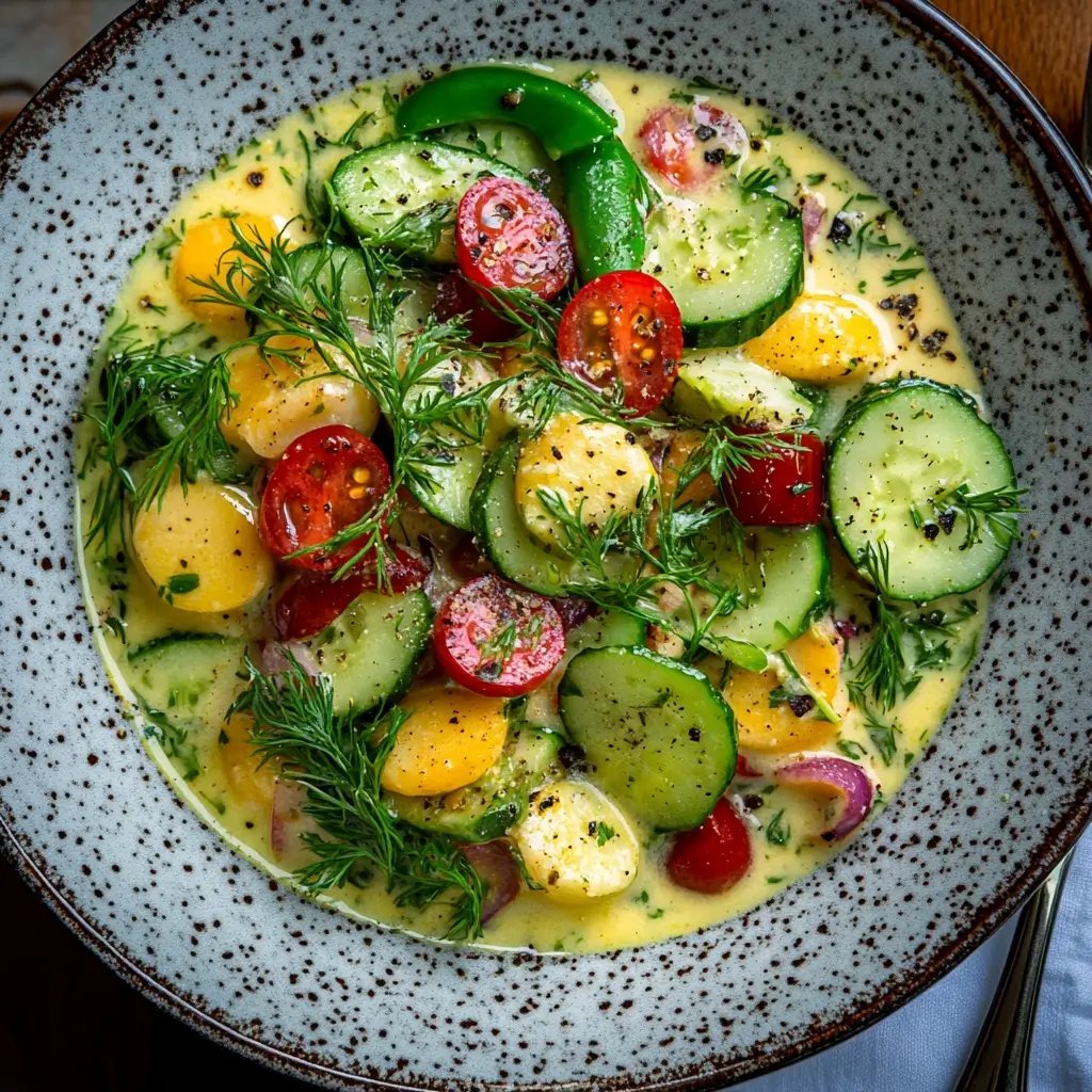 Close-up of a salad from a salad recipe book with fresh greens, tomatoes, cucumbers, and avocado slices.