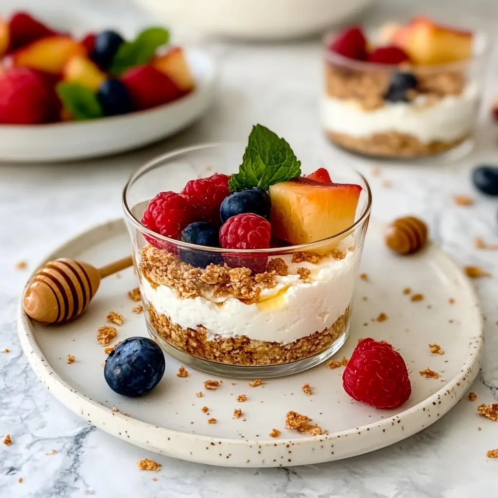 A close-up of a cottage cheese dessert cup with layers of fruit and honey on a rustic table.