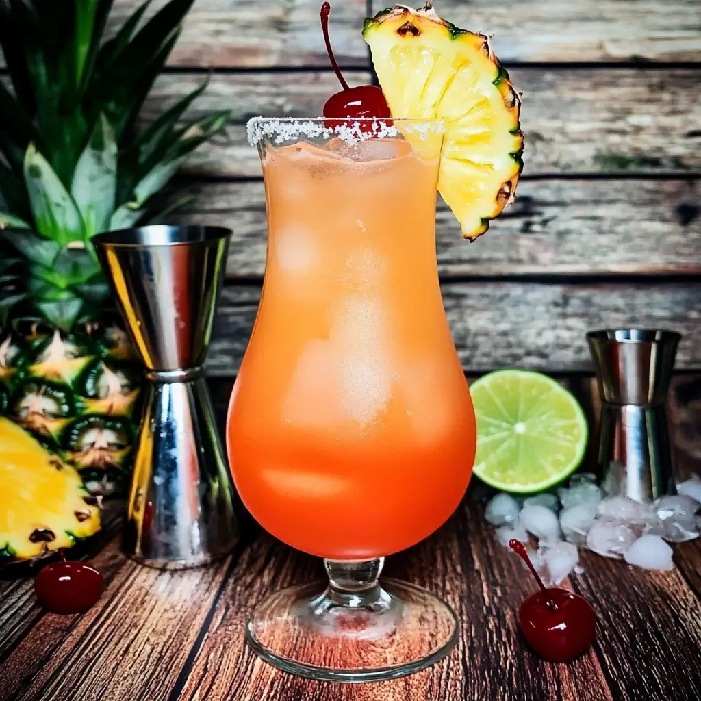 Overhead view of a Hurricane cocktail as the centerpiece on a tropical-themed table, surrounded by fresh fruits, a cocktail shaker, and colorful decor.