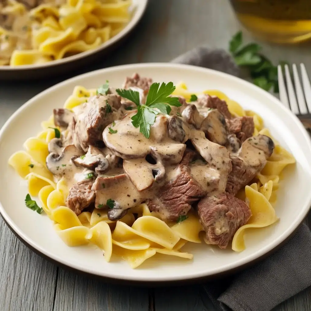 A skillet filled with creamy beef stroganoff garnished with parsley.