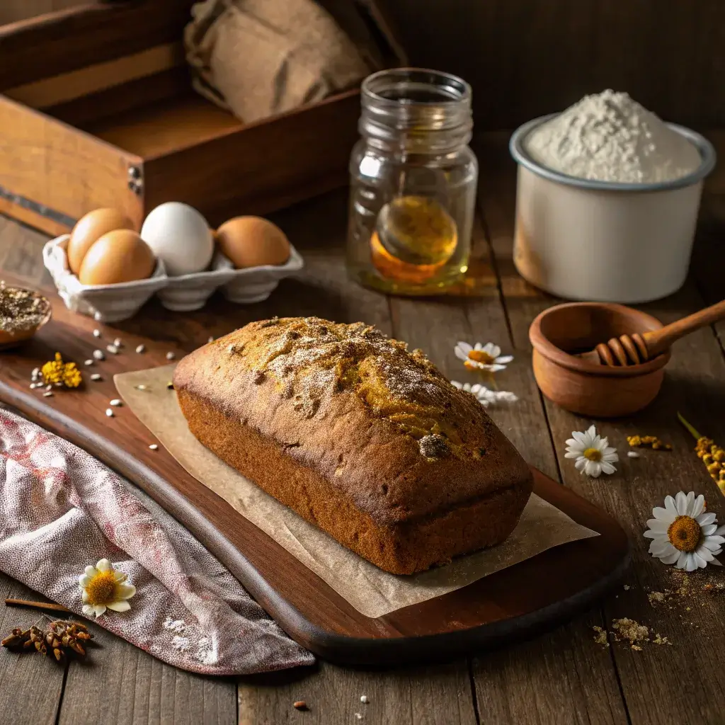 A rustic loaf of wildflower bread on a wooden table surrounded by baking ingredients in a cozy kitchen.