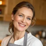 Chef Emma, a warm and friendly 45-year-old woman with a bright smile, looking directly at the viewer in a cozy kitchen setting.